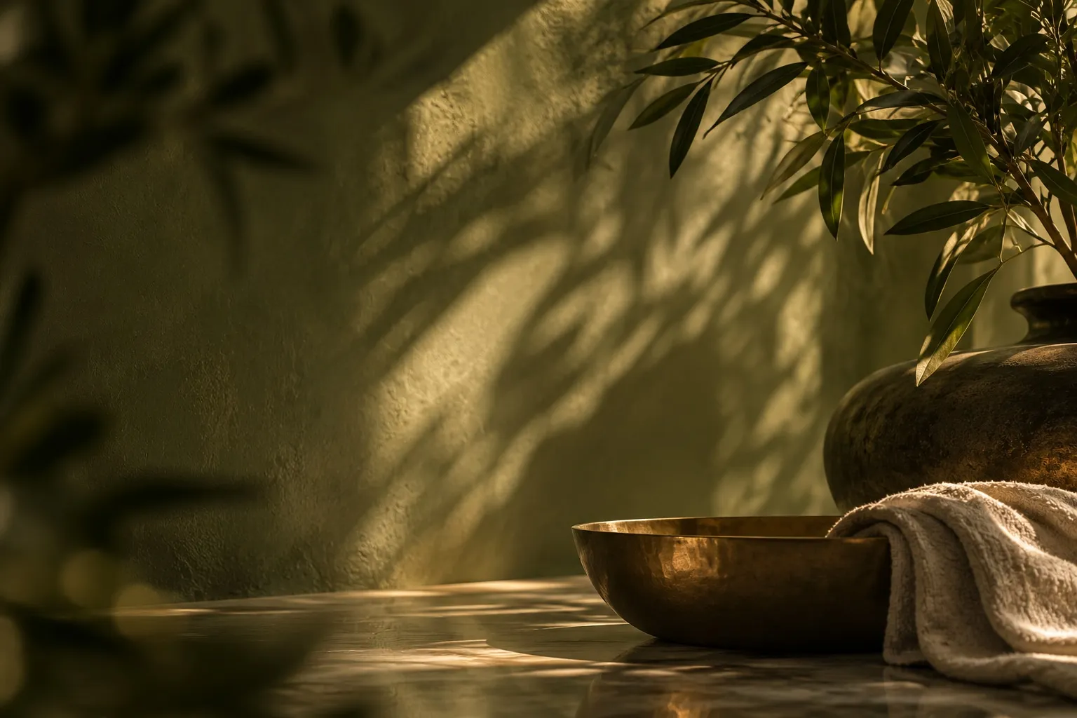 A brass bowl and folded towel on marble against a deep olive wall, in very low warm light