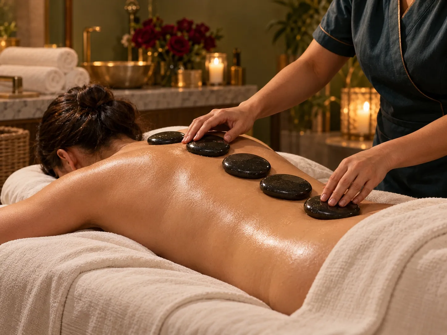 Five smooth basalt stones placed along an oiled back while a therapist's hands rest beside them