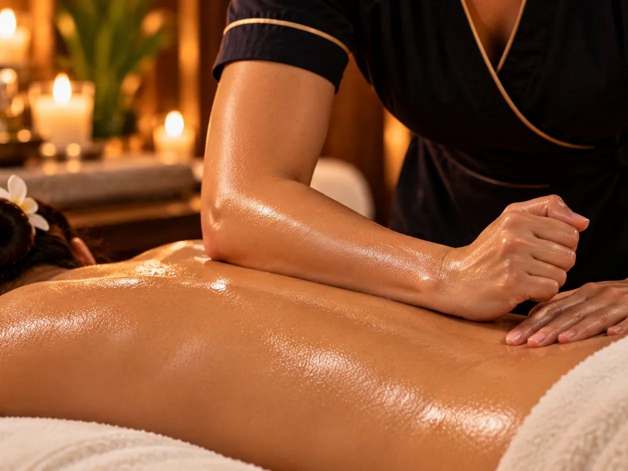 A therapist's forearm drawn along an oiled back in a Lomi-Lomi stroke, candlelight behind
