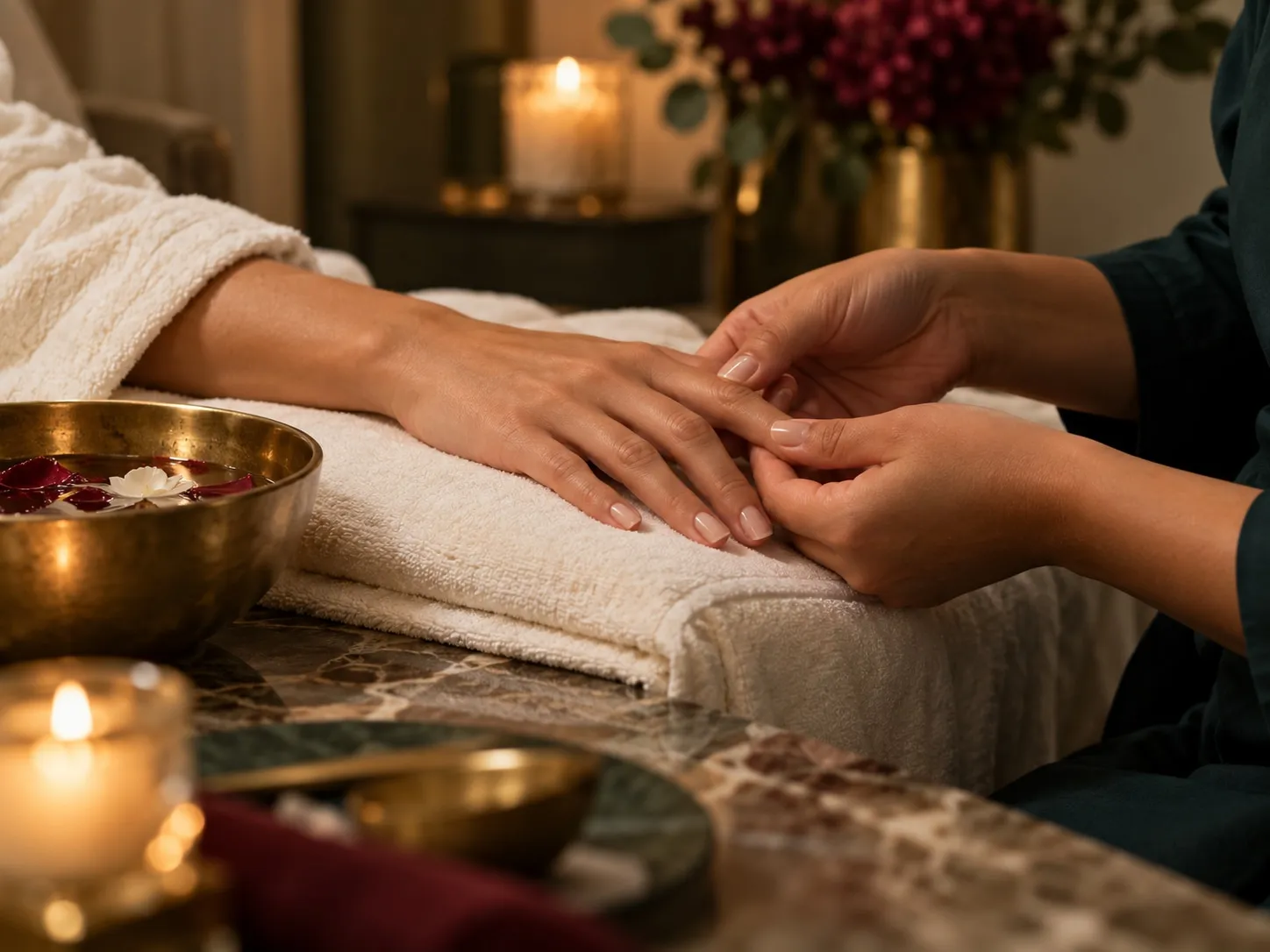 A hand resting on folded towels while a therapist's hands tend to it, beside a brass bowl of rose petals