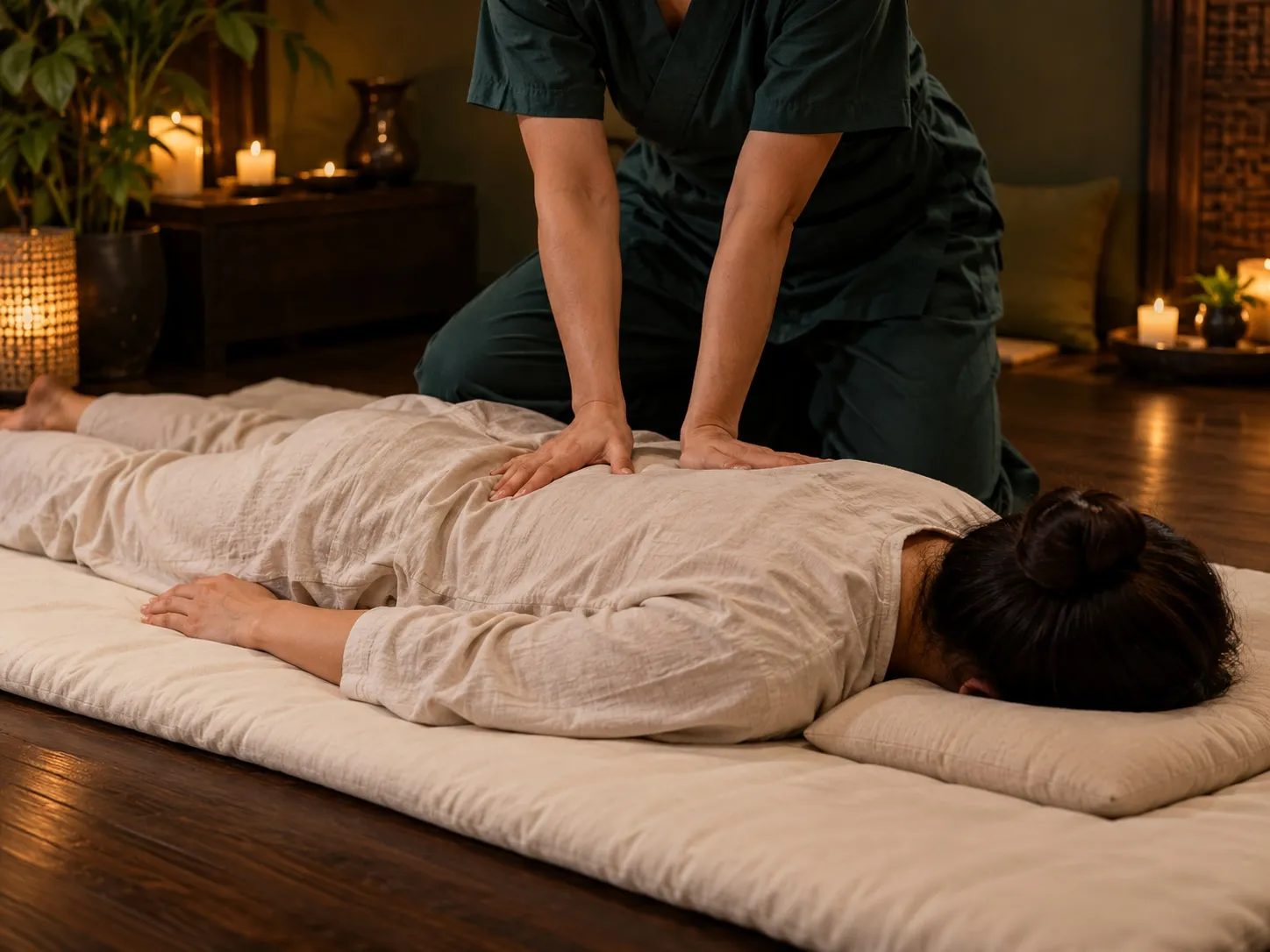Palms pressing through loose cotton clothing along a back during a shiatsu massage, on a low floor mat